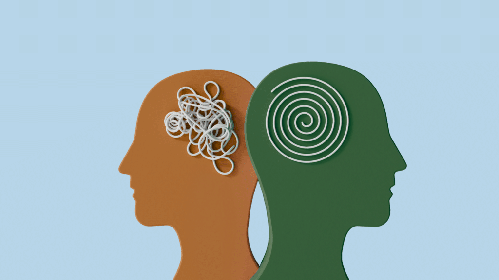 two silhouettes of heads with yarn symbolizing brains. one is organized and spiraled, the other is crumpled in a pile