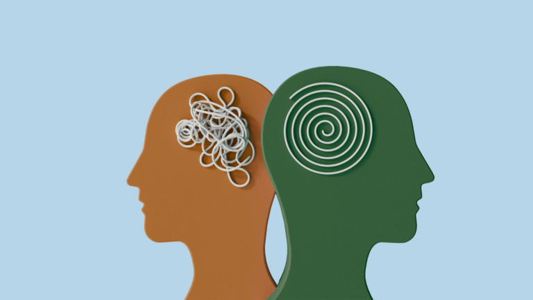two silhouettes of heads with yarn symbolizing brains. one is organized and spiraled, the other is crumpled in a pile