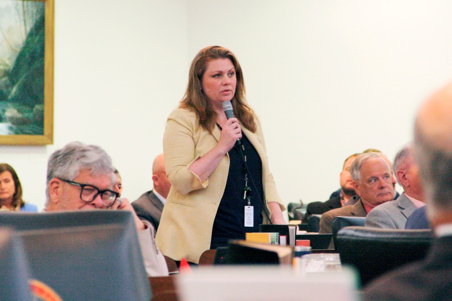 Rep. Erin Pare asks the North Carolina House of Representatives not to concur on a bill that would remove a masking health exemption on the House floor in the Legislative Building on May 22, 2024, in Raleigh, N.C. Mayika Seminera/AP