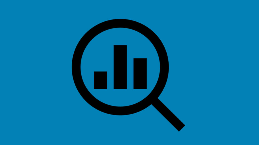 A black magnifying glass icon with three bar chart columns inside, set against a blue background, symbolizing data analysis and research.